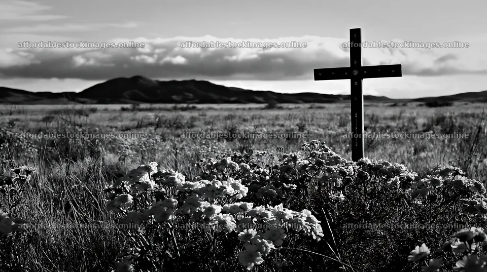 Christian cross surrounded by yellow wildflowers in a meadow – stock images 10608x5938