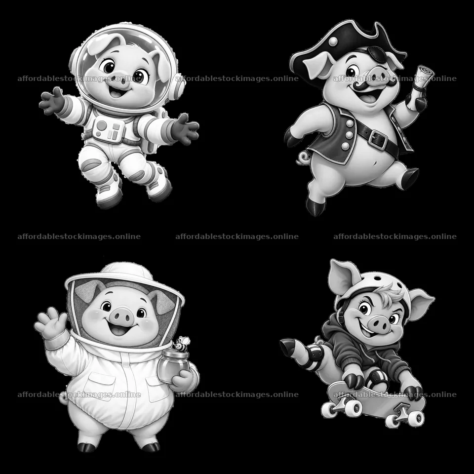 Four cartoon pigs in different outfits with various activities – stock images 7746x7746