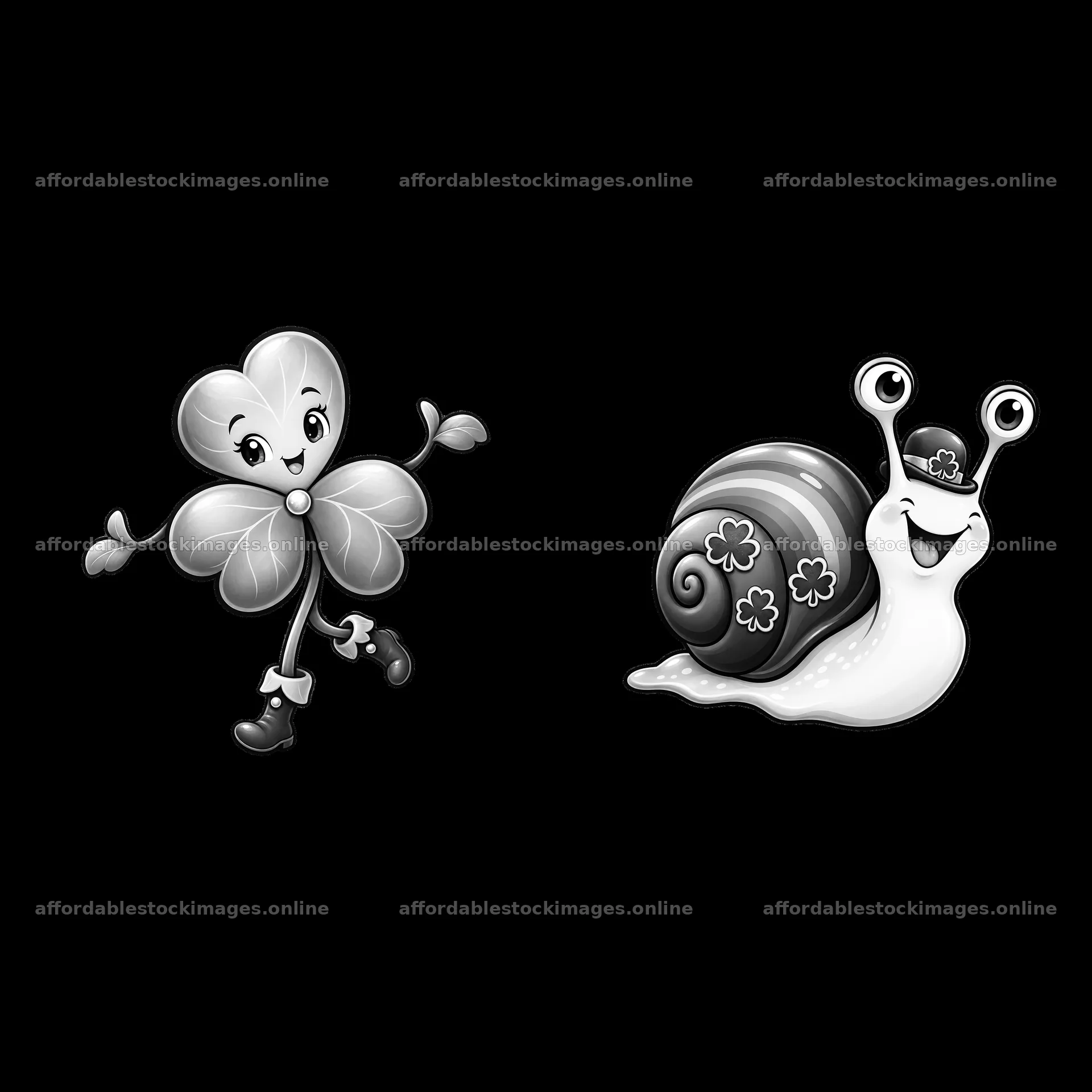 Shamrock character and smiling snail for St. Patrick's Day – stock images 7746x7746