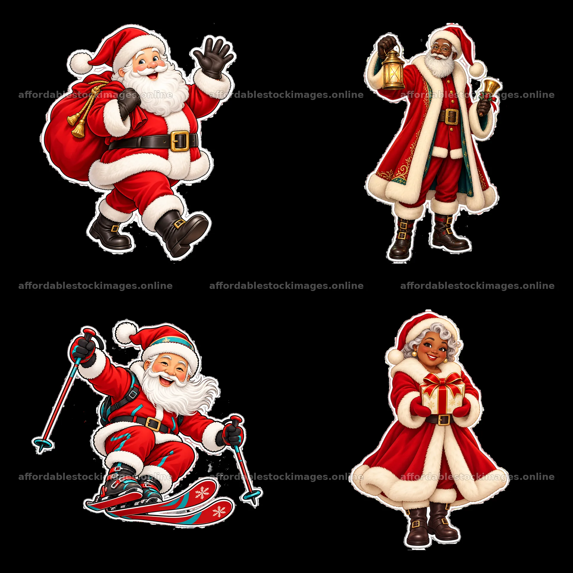 Santa Claus characters celebrating Christmas in different – stock images 7746x7746