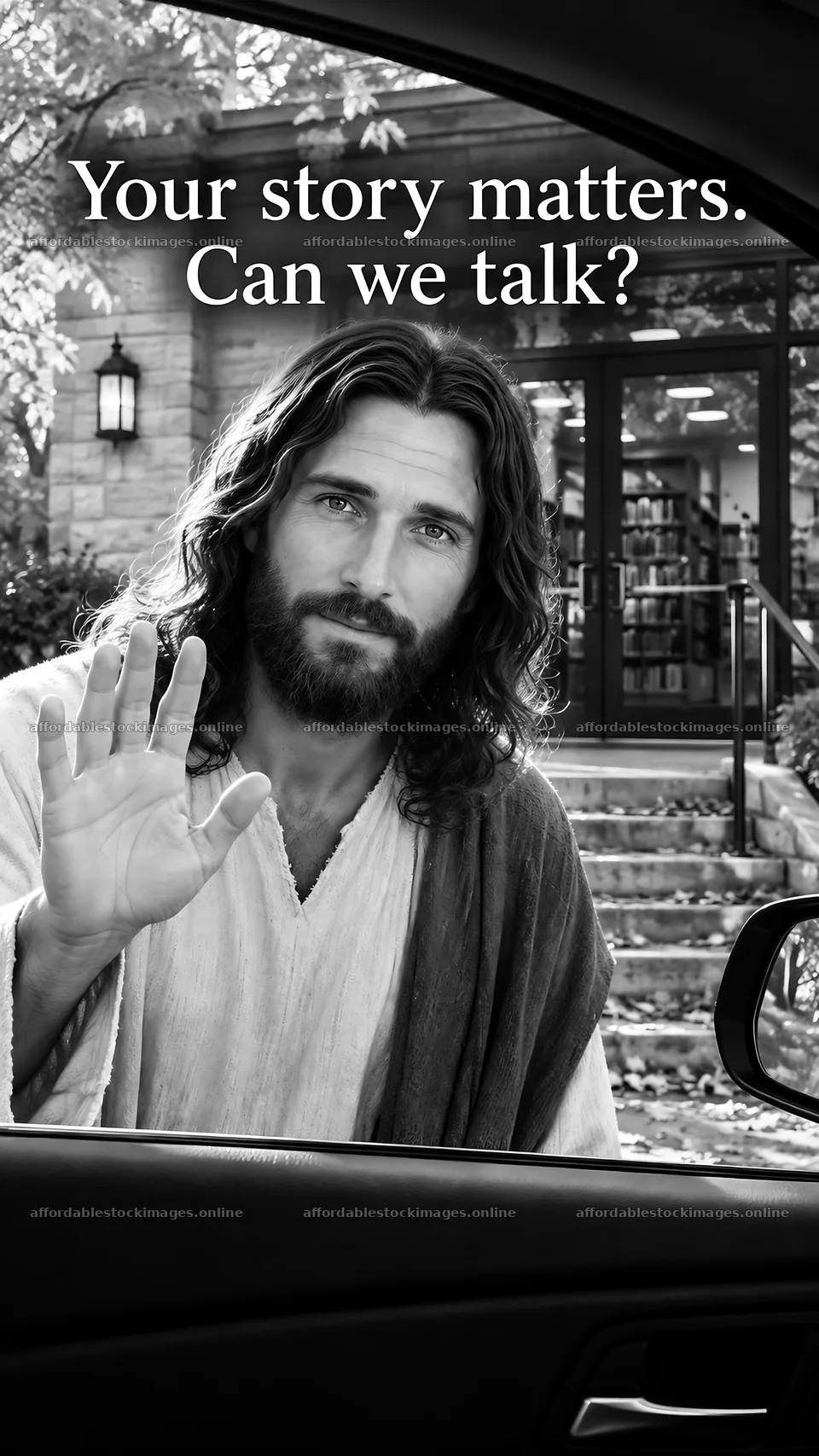 Jesus Christ invites for conversation with a welcoming gesture – stock images 5811x10326