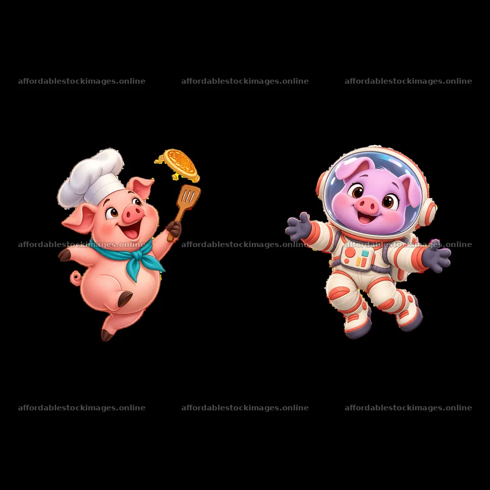 Cheerful pig chef flipping pancakes and pig astronaut floating – stock images 7746x7746
