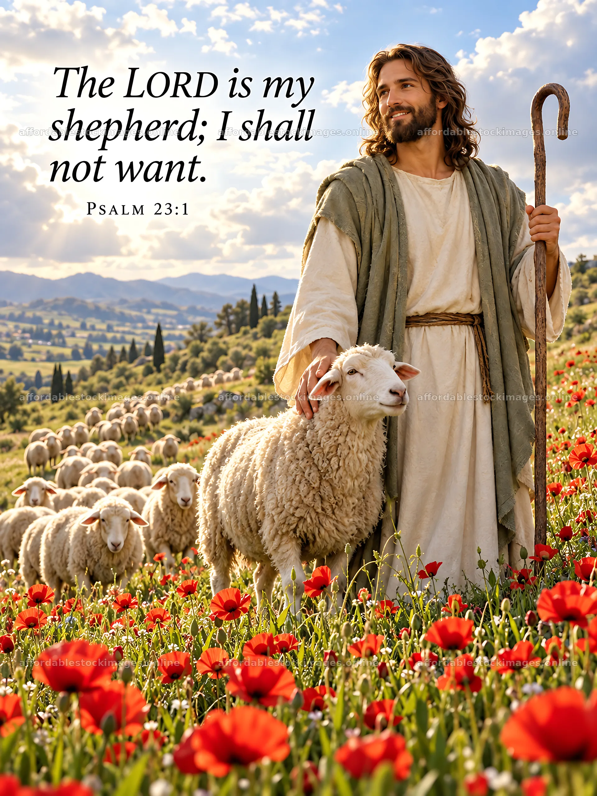 Jesus Christ as the Good Shepherd with sheep in a field – stock images 6708x8945