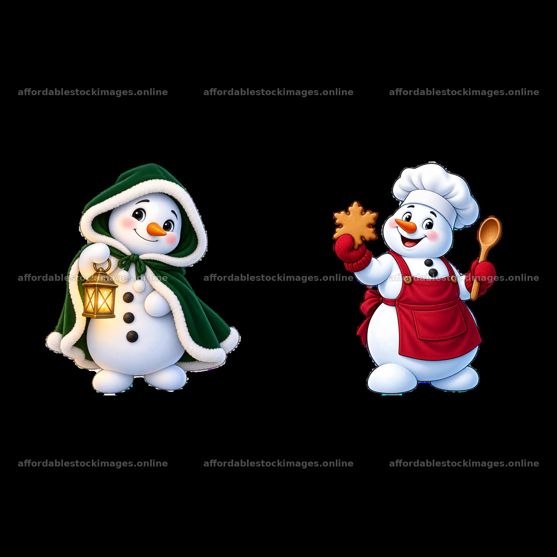 Christmas snowman holding a lantern and baking cookies – stock images 7746x7746
