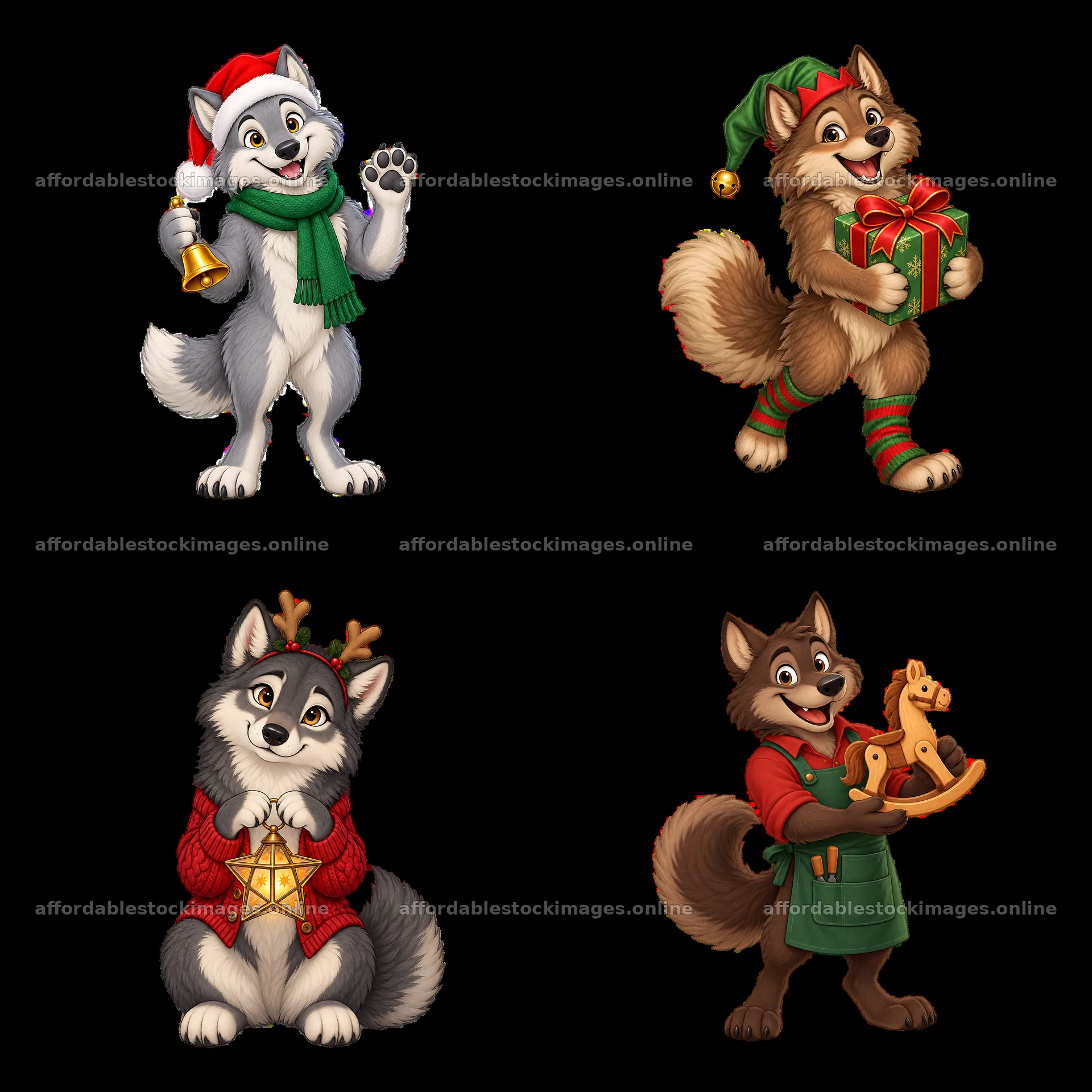 Four cheerful wolves celebrating Christmas in festive attire – stock images 7746x7746