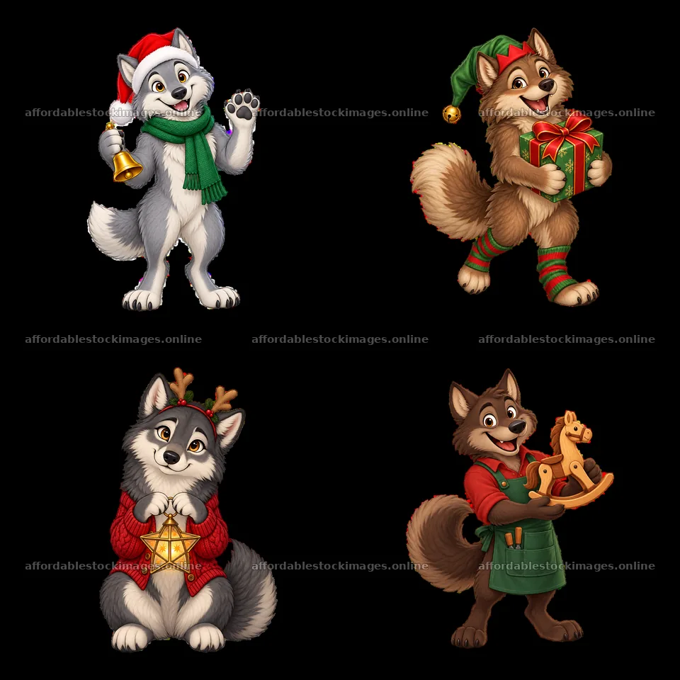 Four cheerful wolves celebrating Christmas in festive attire – stock images 7746x7746