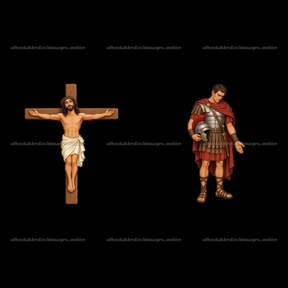 Jesus on the cross with Roman soldier in solemn moment – stock images 7746x7746