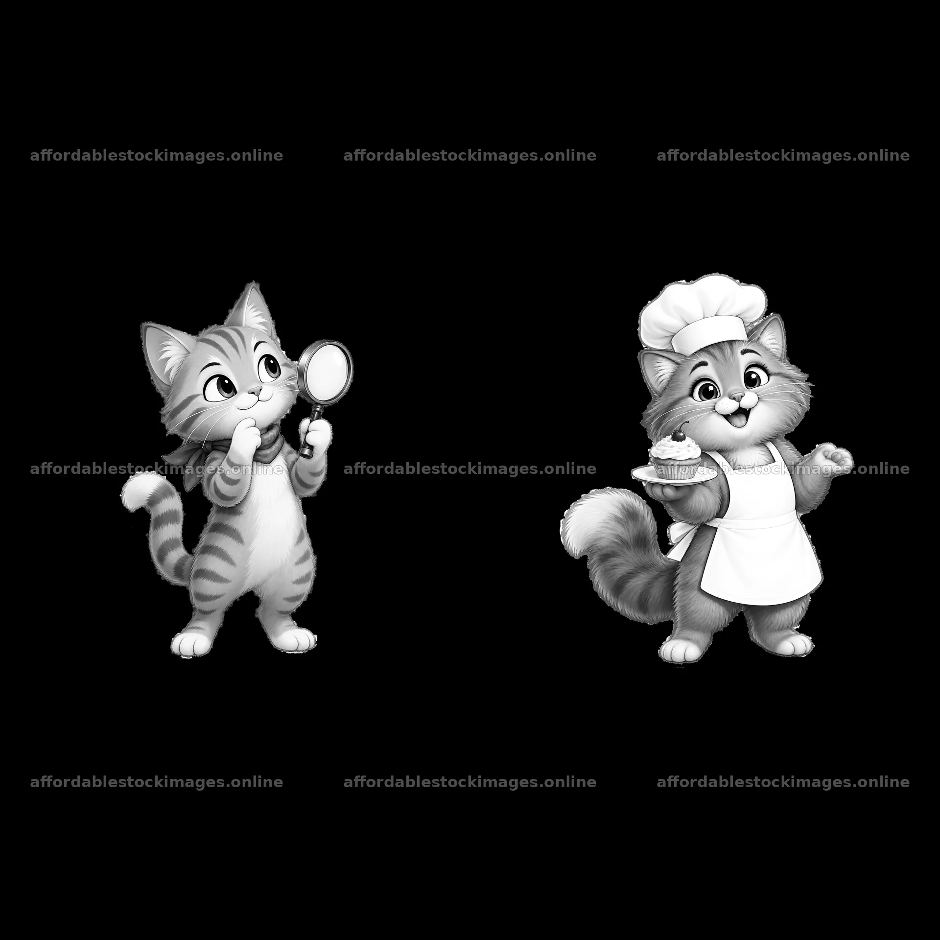 Two cartoon cats engaging in a cooking adventure – stock images 7746x7746