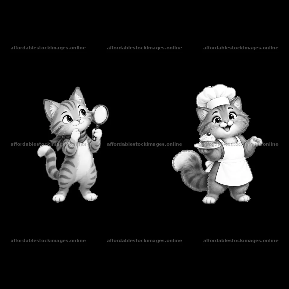 Two cartoon cats engaging in a cooking adventure – stock images 7746x7746