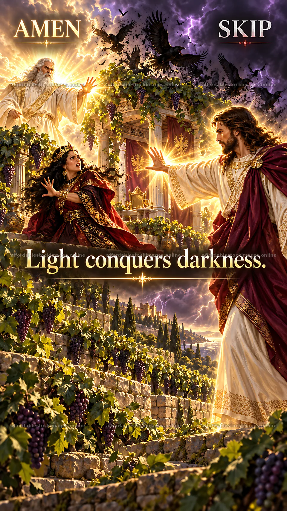 Jesus Christ brings light to the dark scene – stock images 5954x10580