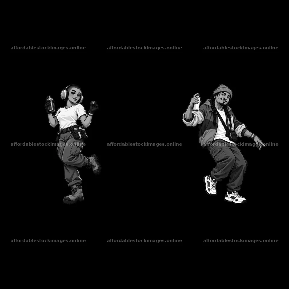 Gay graffiti spray painter duo dancing with spray cans – stock images 7746x7746