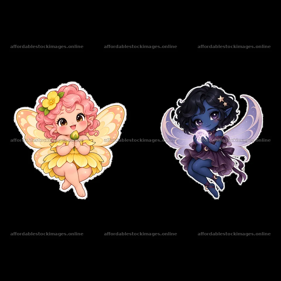 Kawaii chubby fairy characters holding magical items in pair – stock images 7746x7746