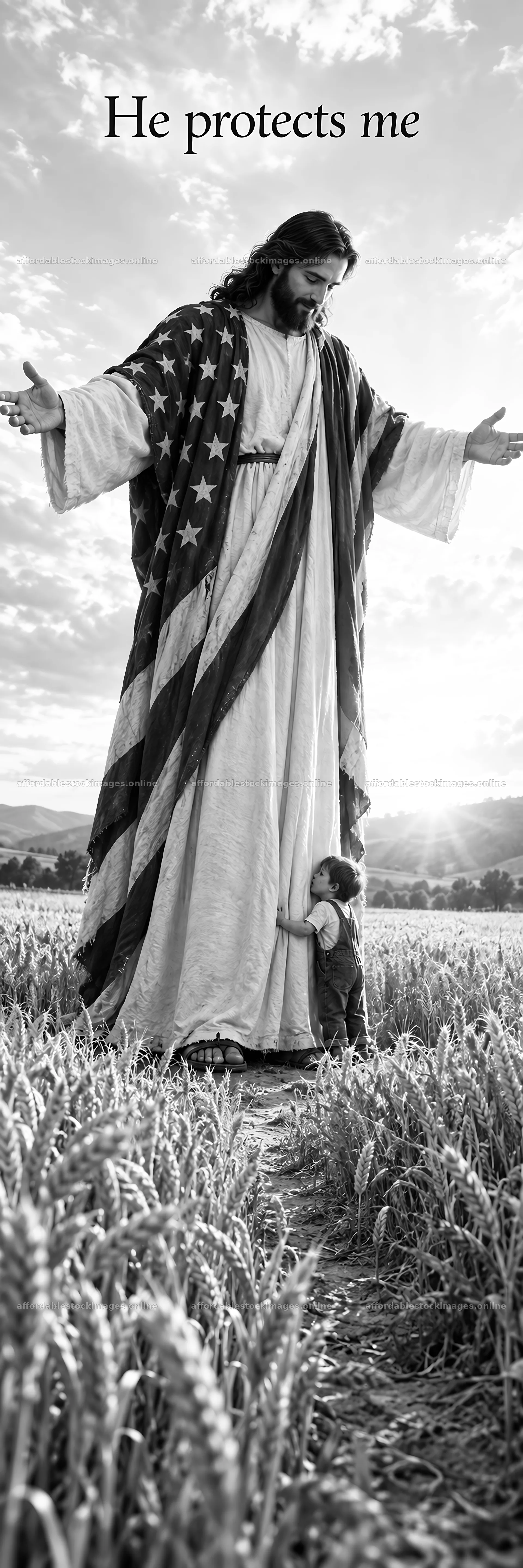 Jesus Christ welcomes a child in a field with an American flag – stock images 4472x13417