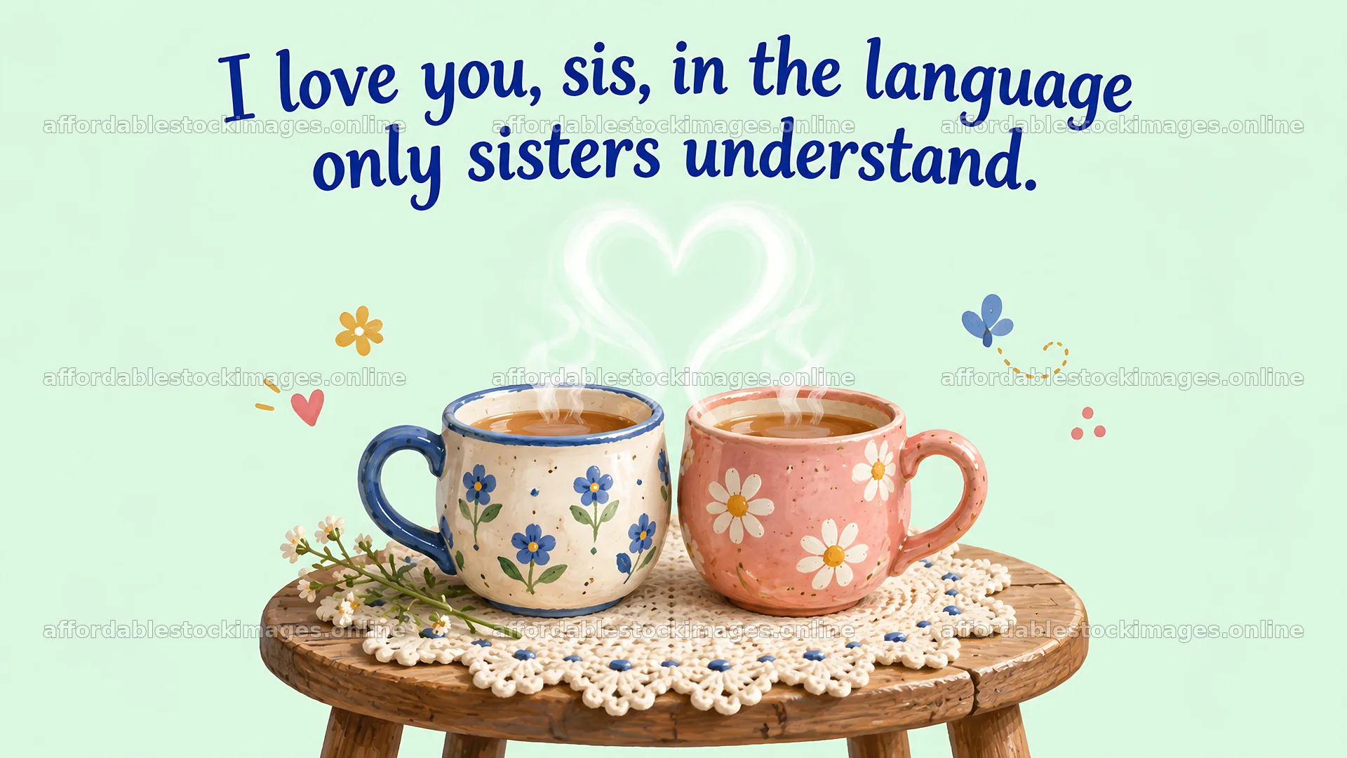 Sister Love Greeting with Floral Tea Mugs – stock images 10324x5812