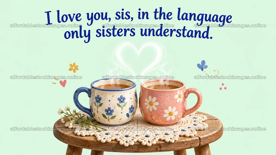 Sister Love Greeting with Floral Tea Mugs – stock images 10324x5812