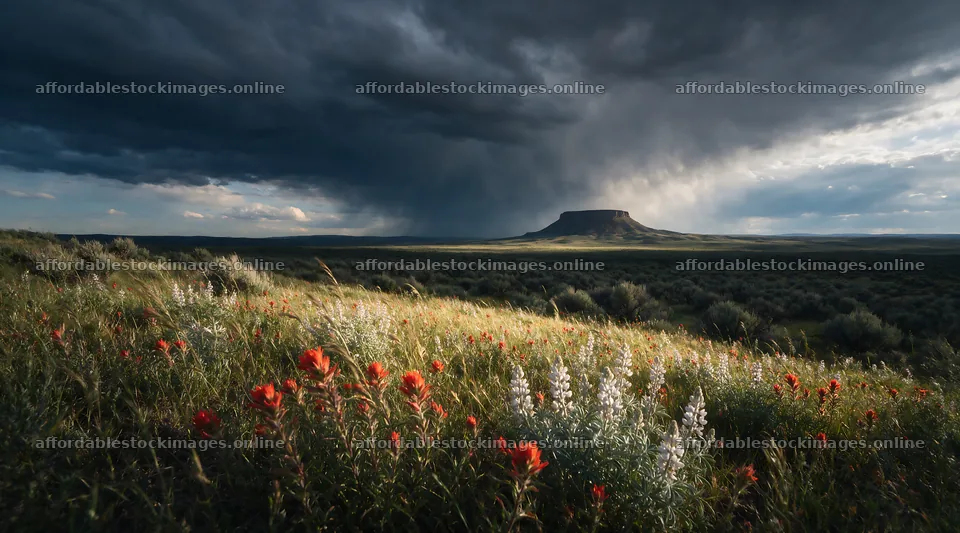 Paintbrush lupine meadow under a cloudy sky – stock images 10648x5916