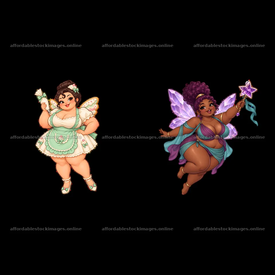 Kawaii ultra-fat fairies with wands in pastel dress styles – stock images 7746x7746
