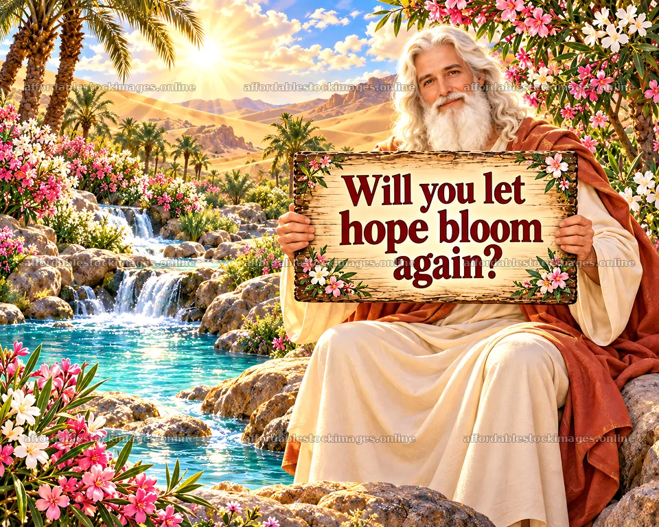 Jesus Christ invites hope in a blooming garden scene – stock images 8659x6930