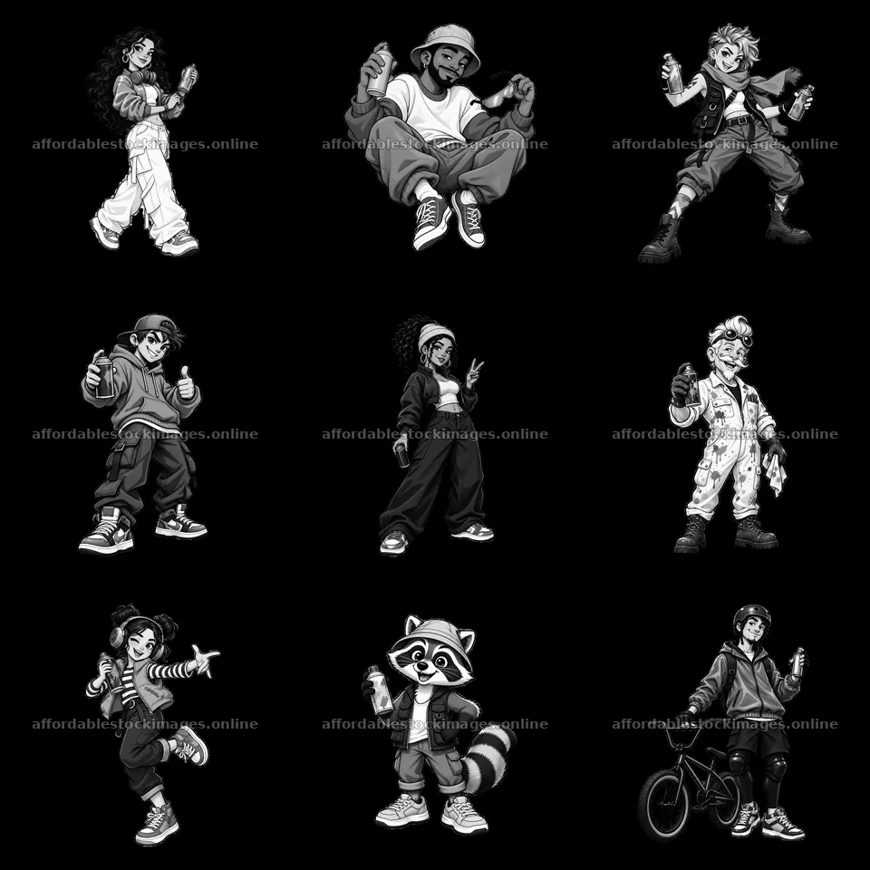 Cool graffiti sprayer characters in a 3x3 layout – stock images 7746x7746