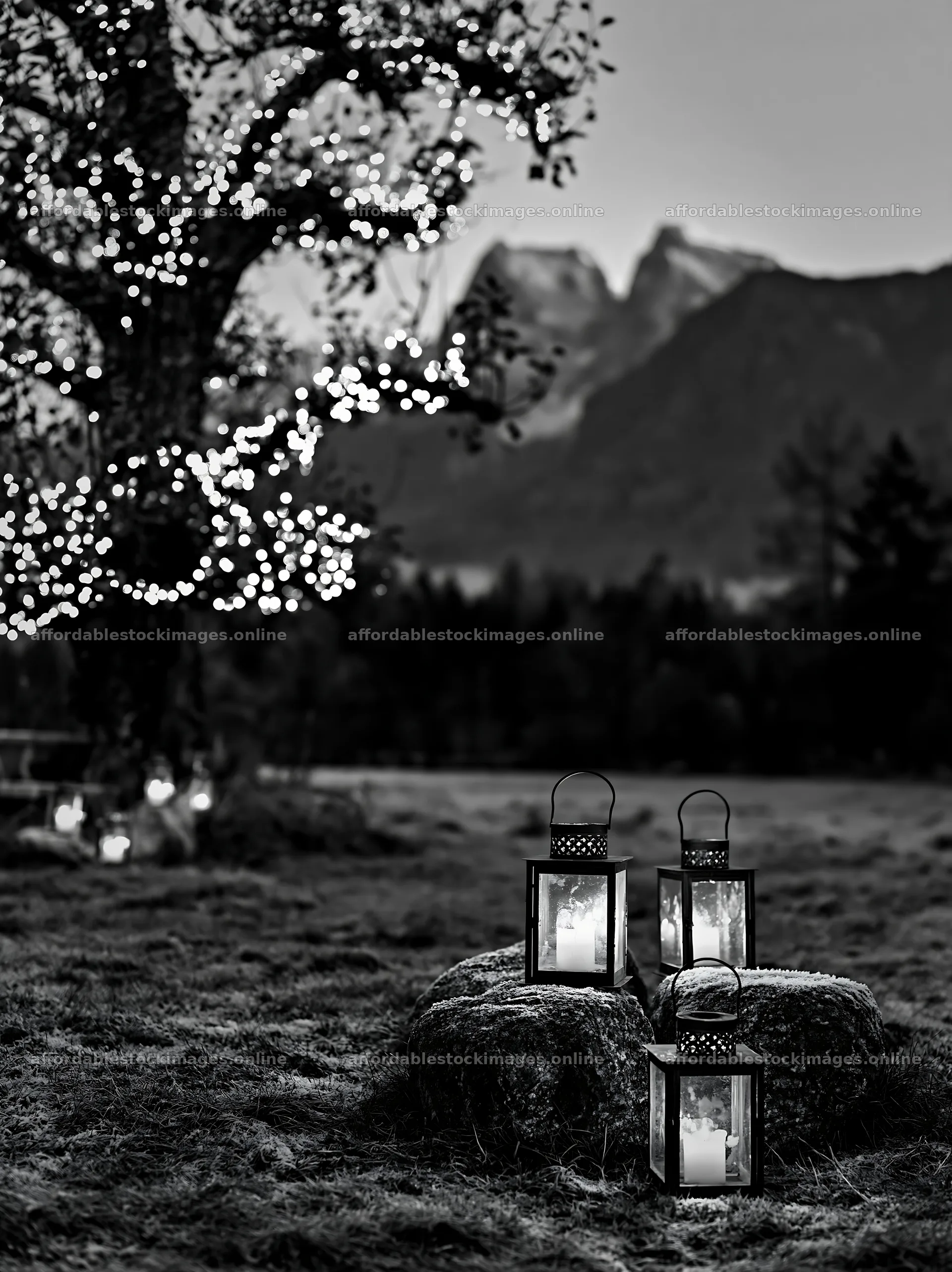 Christmas apple tree meadow with frosted stones and lanterns – stock images 6866x9174