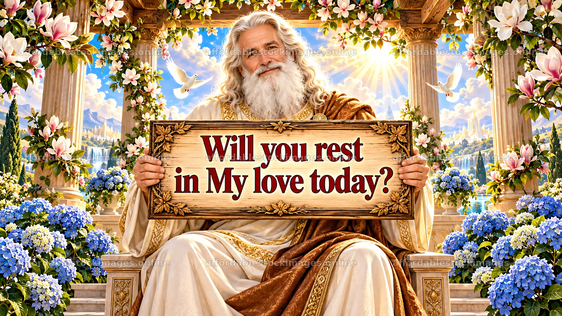 Jesus Christ holding a sign asking if you will rest in His love – stock images 10331x5808