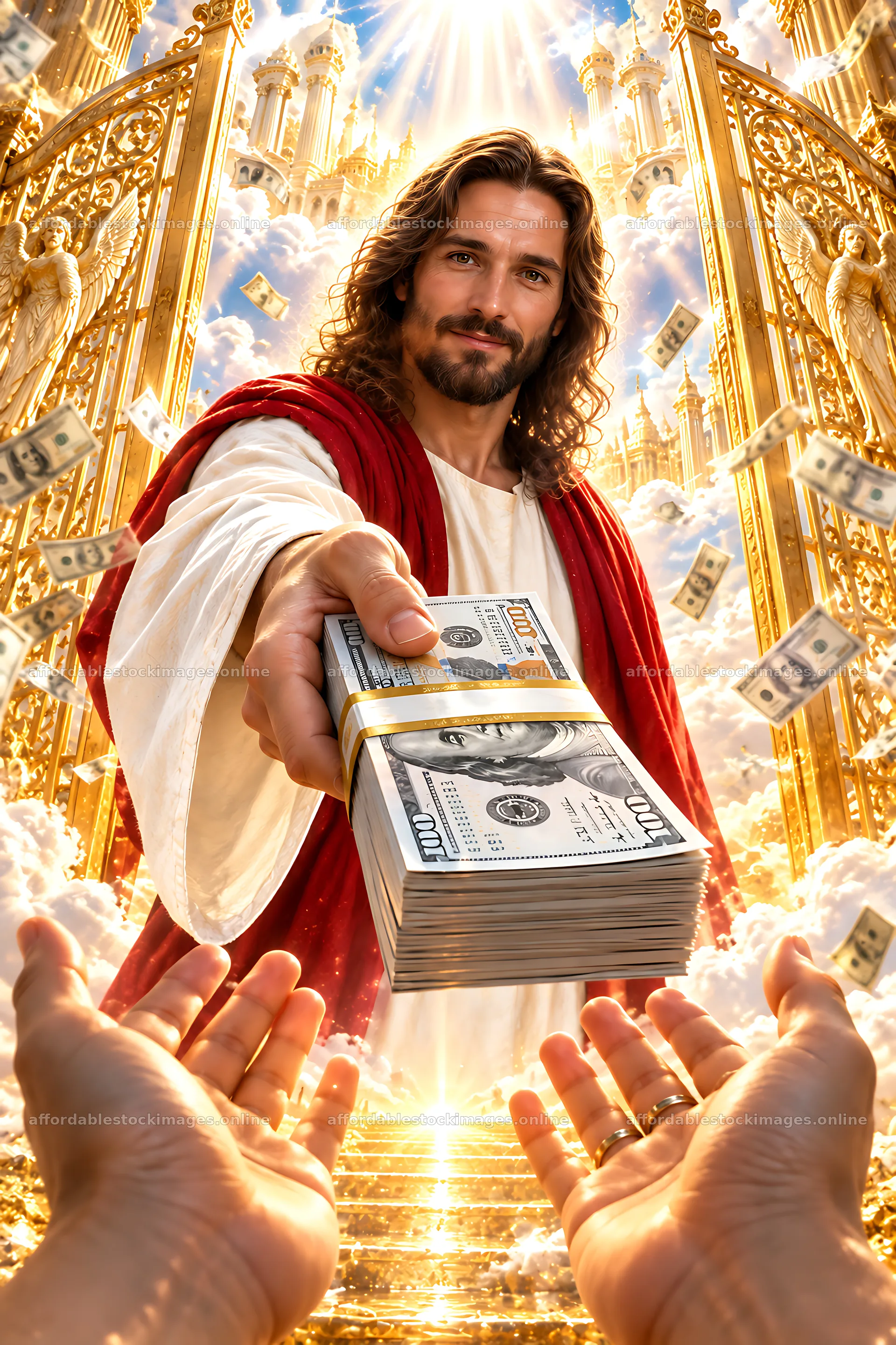 Golden Gateway with figure offering money – stock images 6480x9722