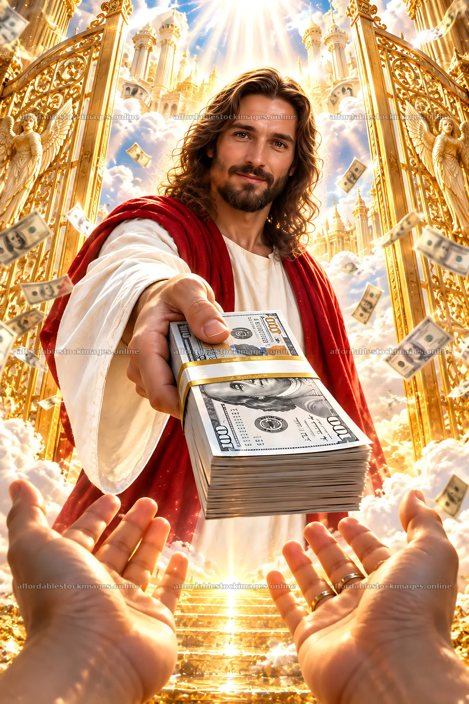 Golden Gateway with figure offering money – stock images 6480x9722
