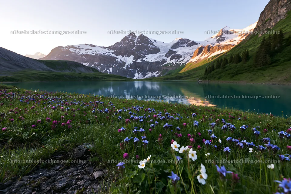 Swiss meadow beside alpine lake with wildflowers and mountains – stock images 9722x6480