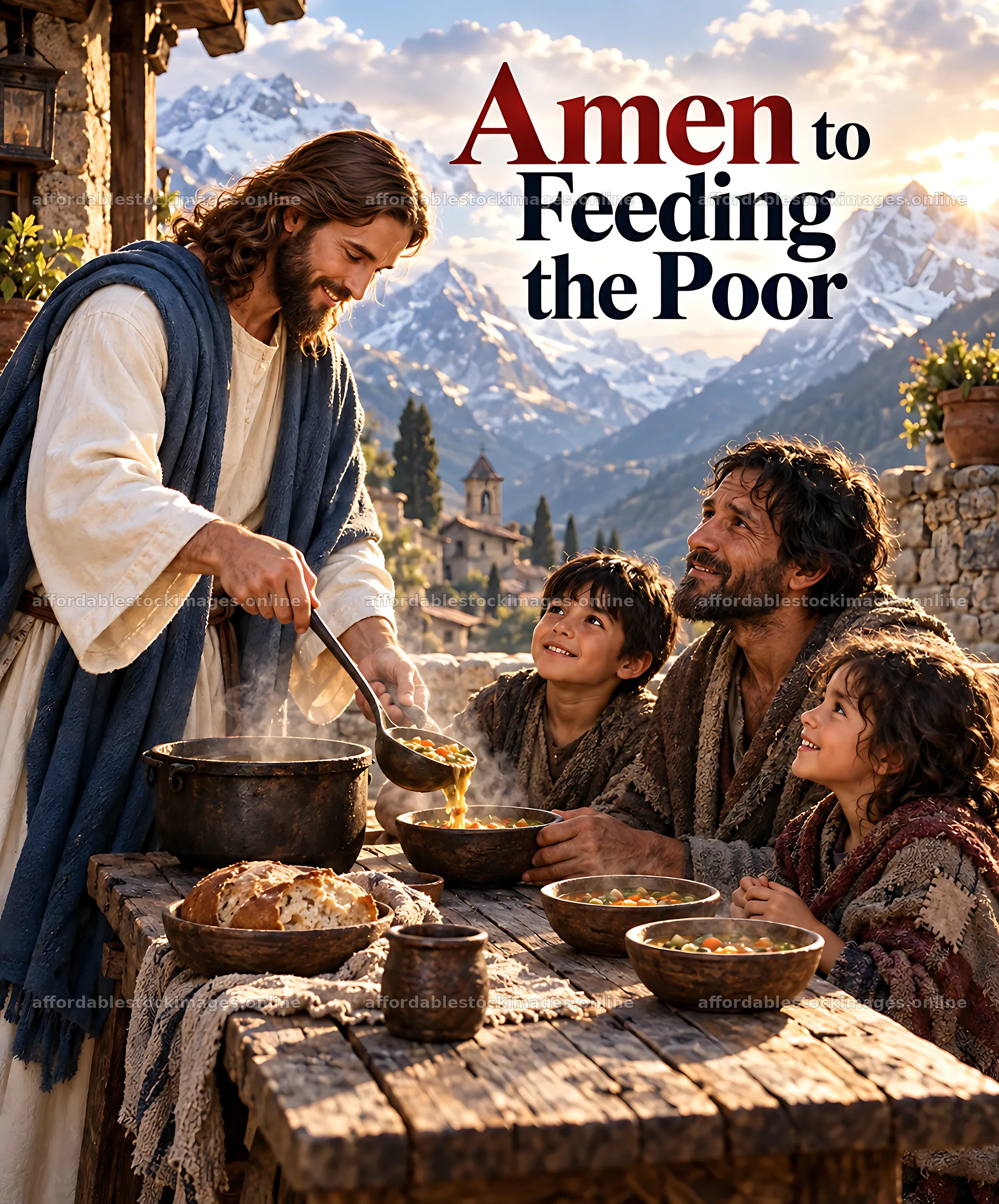 Feeding the poor in a mountain village setting – stock images 7228x8716
