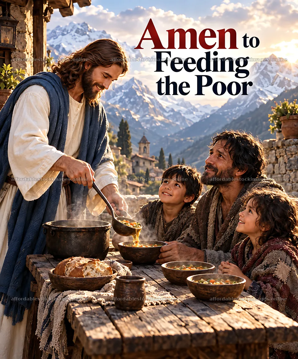 Feeding the poor in a mountain village setting – stock images 7228x8716