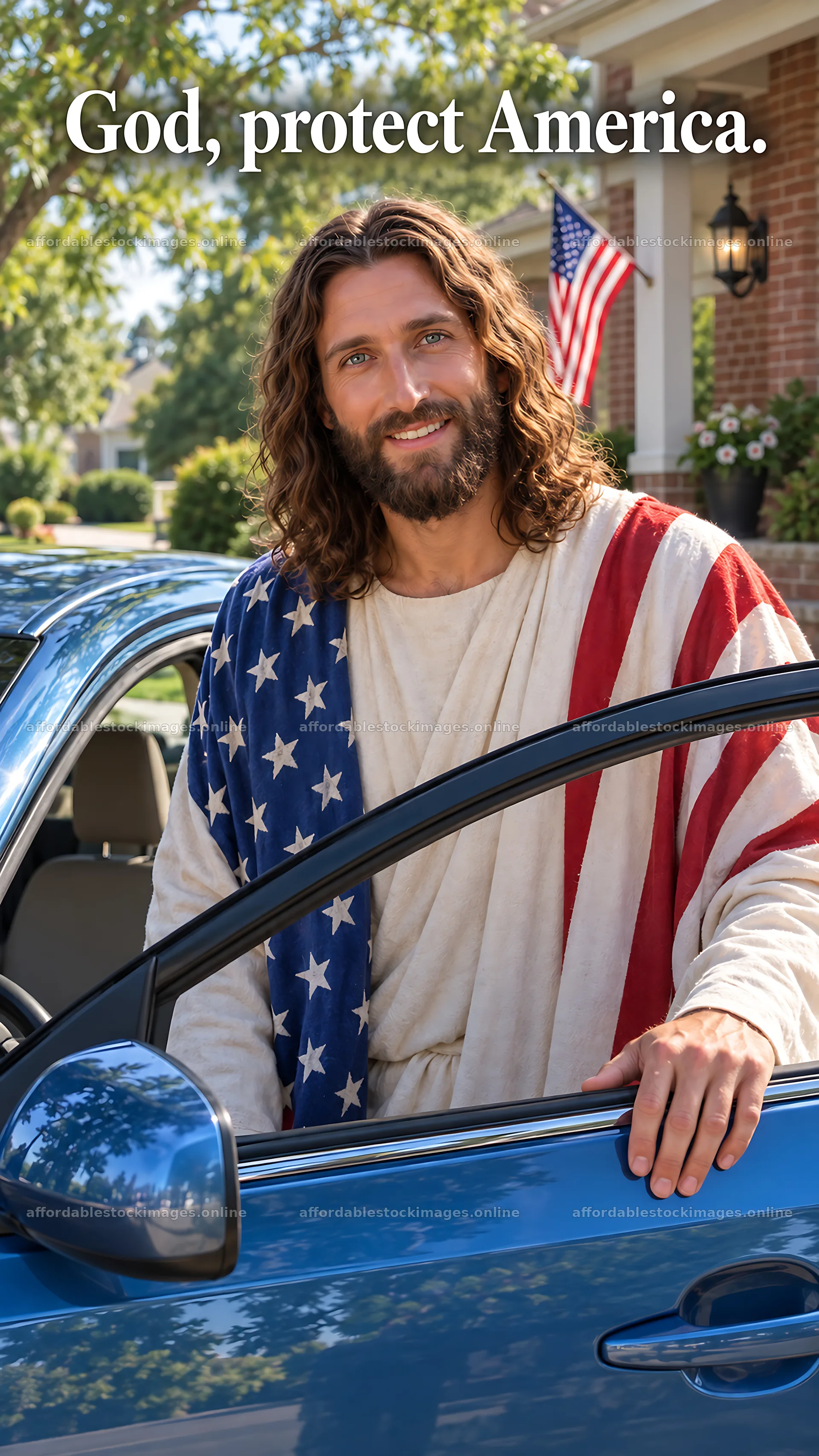 Jesus Christ stands by a car with an American flag – stock images 5811x10326