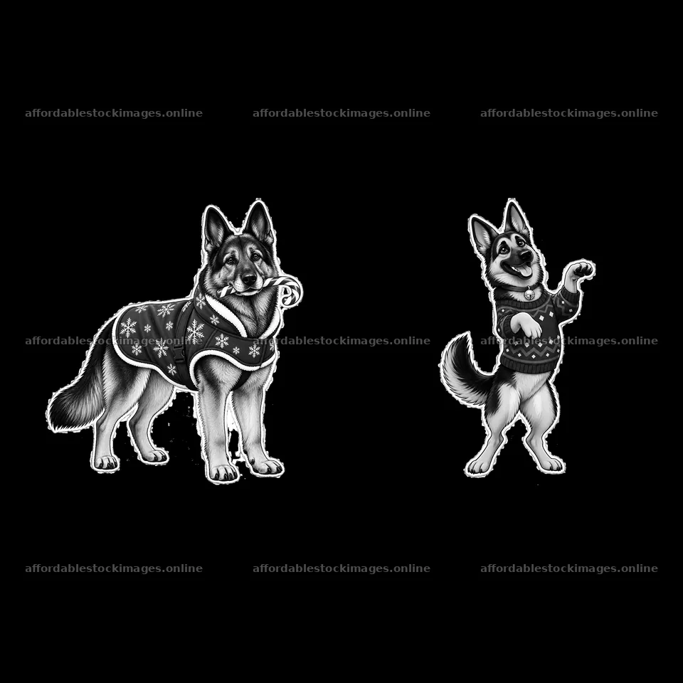 Christmas German Shepherds in sweaters with candy cane and – stock images 7746x7746