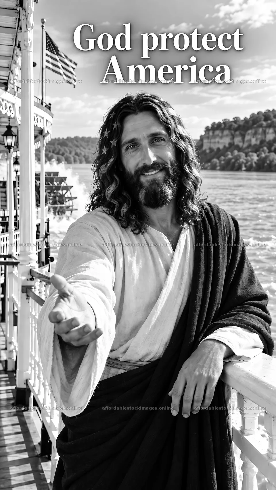 Jesus Christ welcoming viewers on a boat in America – stock images 5811x10326