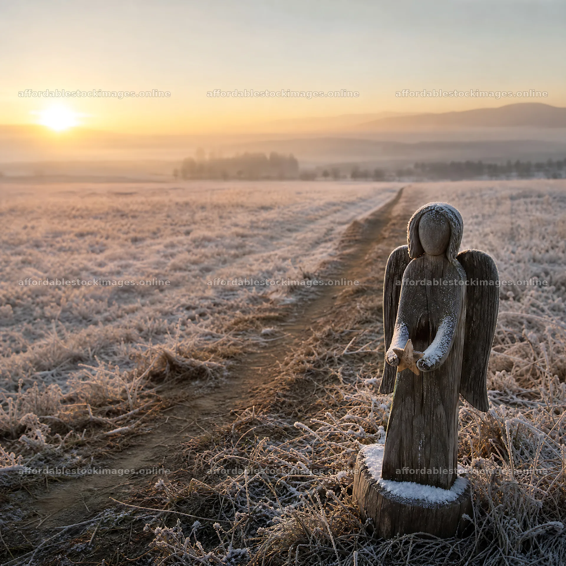 Wooden angel in a frosty meadow at sunrise – stock images 7938x7938