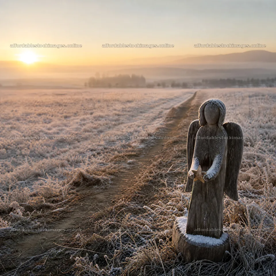 Wooden angel in a frosty meadow at sunrise – stock images 7938x7938