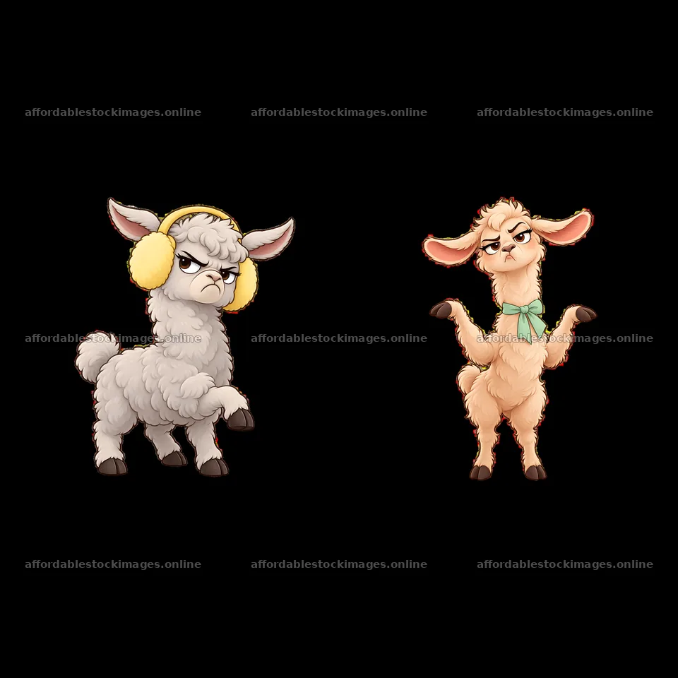 Grumpy llama characters wearing accessories in fun poses – stock images 7746x7746