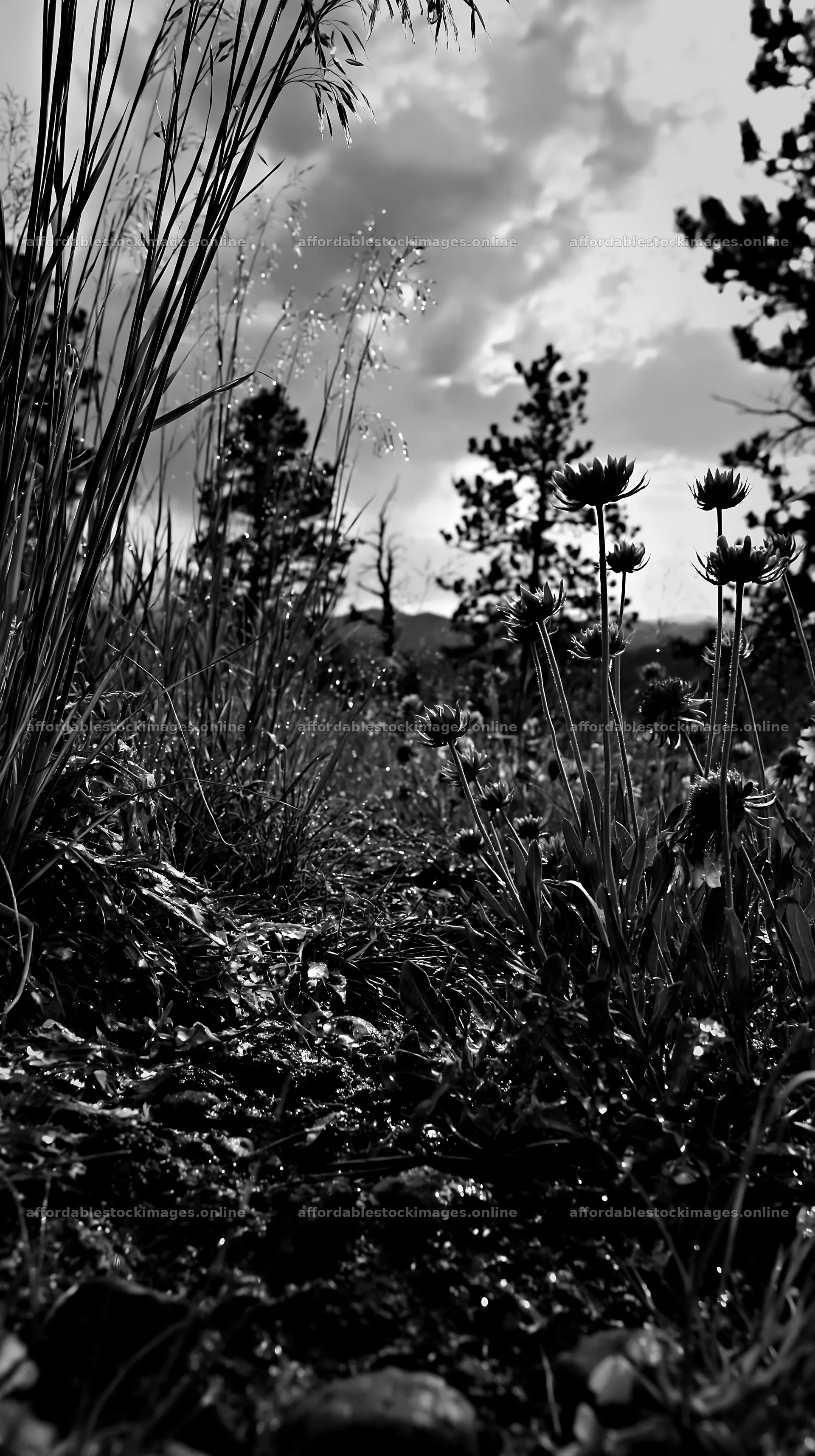 Climate-resilient meadow with diverse plants and wet soil – stock images 5938x10608