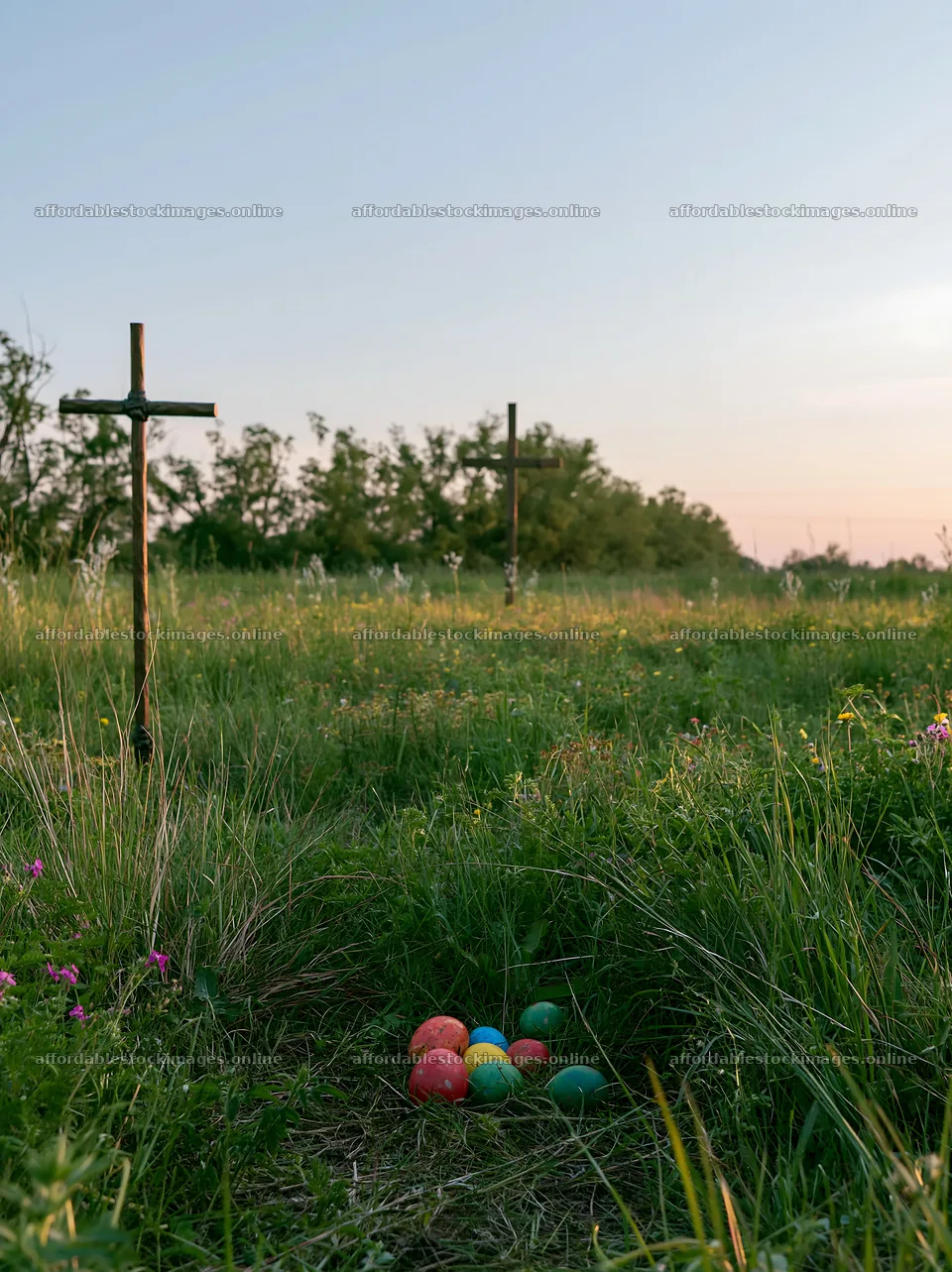 Bronze Christian cross in meadow during sunset – stock images 6866x9174