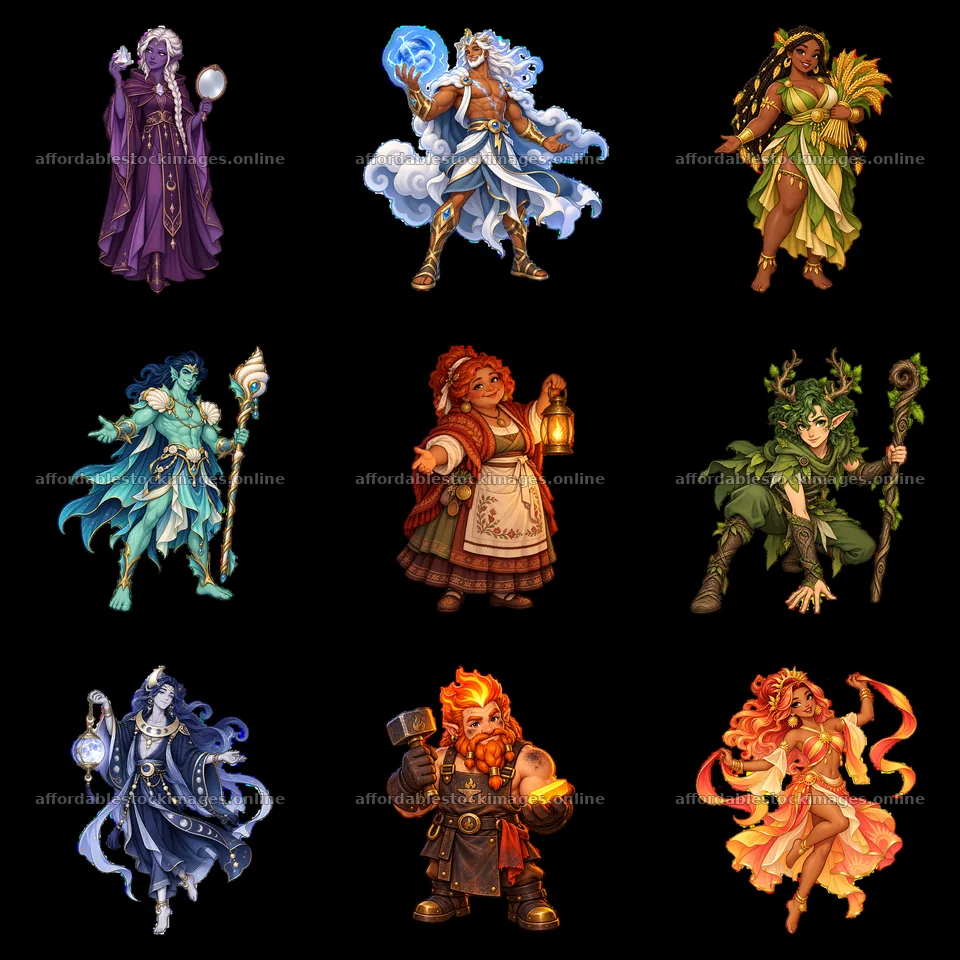 Pagan gods in diverse poses with distinct accessories and colors – stock images 7746x7746