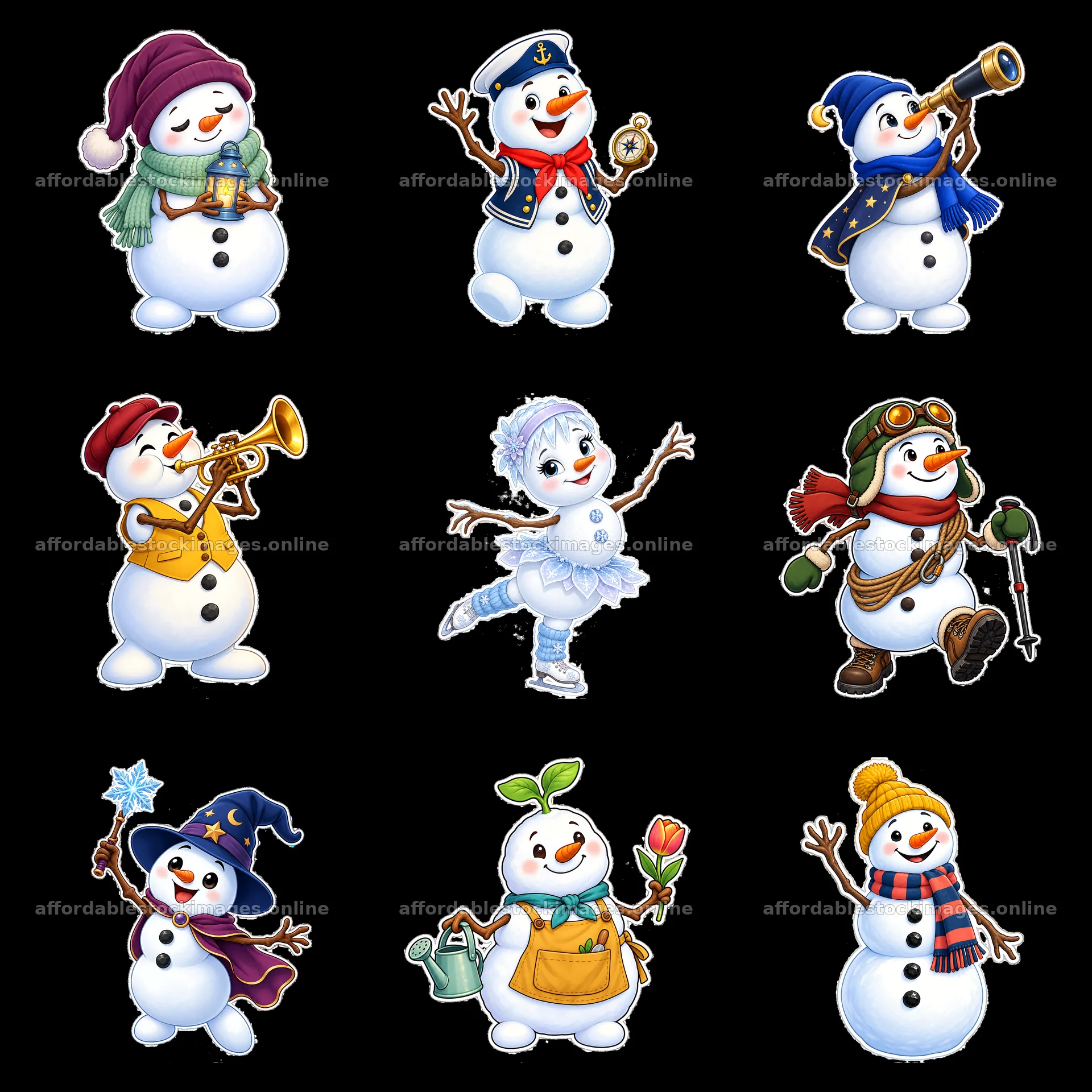 Snowman characters in various winter activities and outfits – stock images 7746x7746