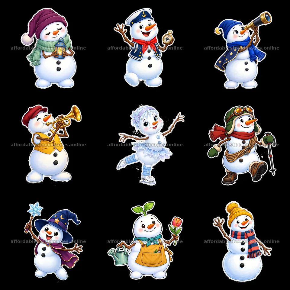 Snowman characters in various winter activities and outfits – stock images 7746x7746