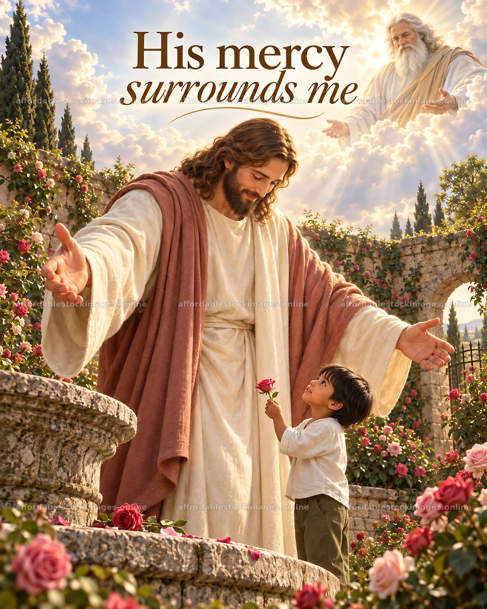 Jesus Christ welcomes a child in a garden of flowers – stock images 6930x8659