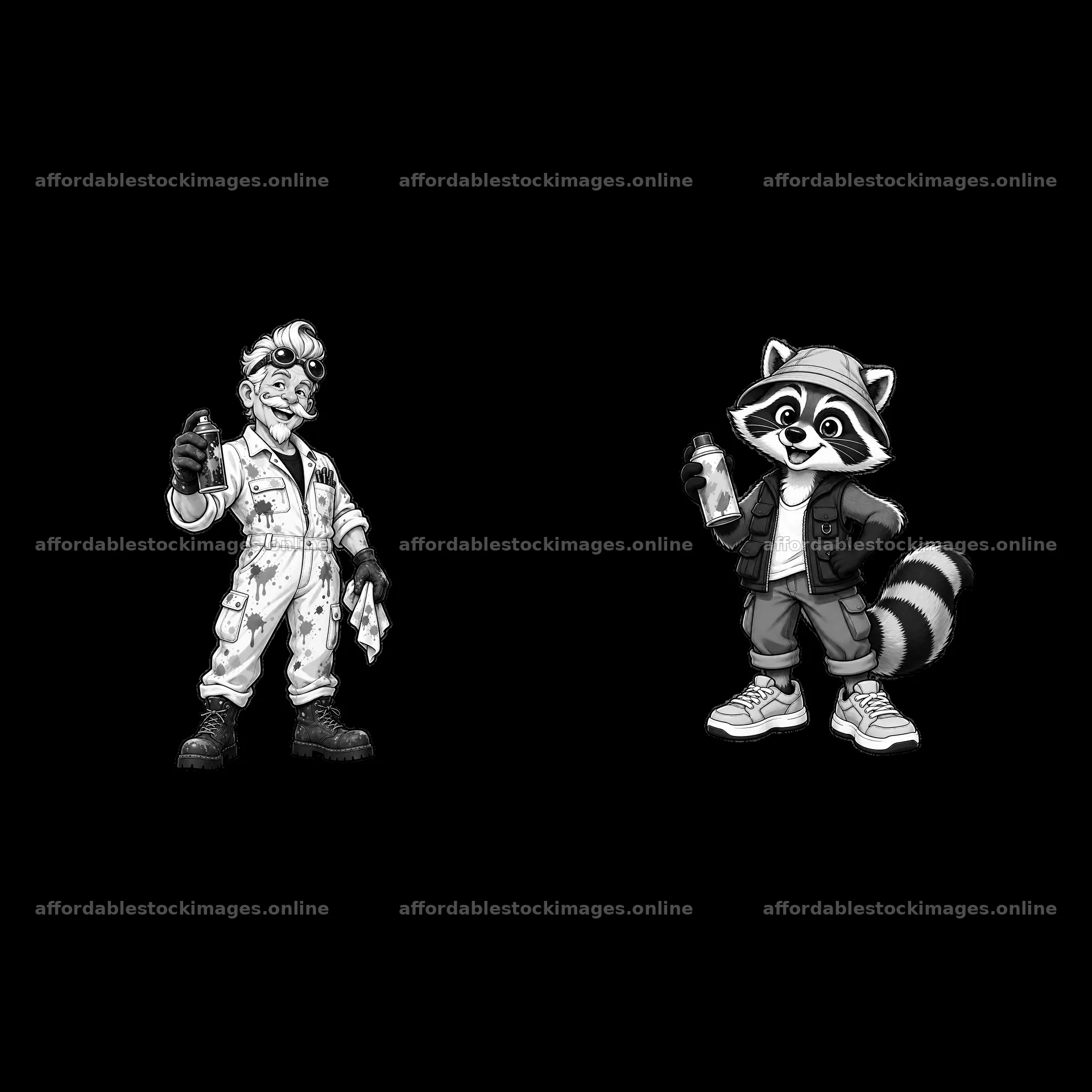 Cool graffiti sprayer and raccoon character holding spray paint – stock images 7746x7746