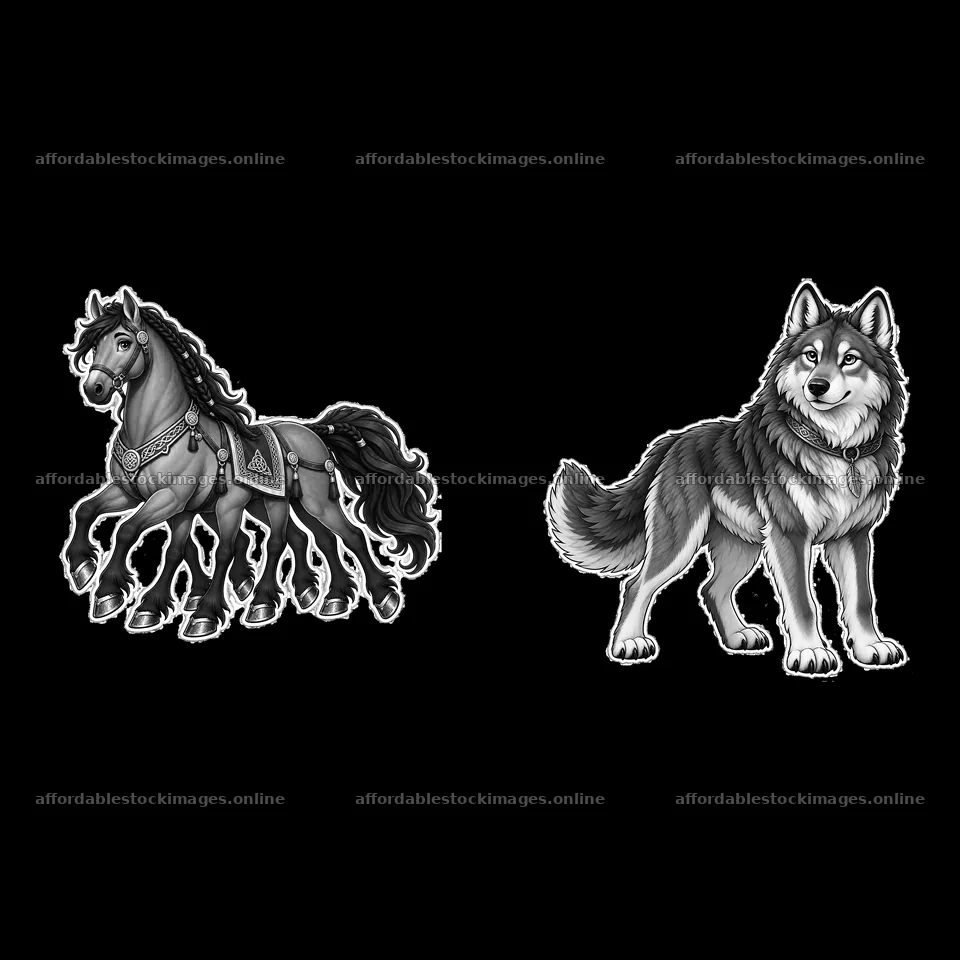Horse and wolf illustration inspired by Norse mythology – stock images 7746x7746