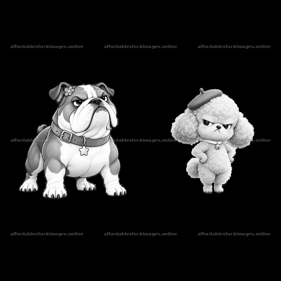 Kawaii grumpy dog characters in black and white – stock images 7746x7746