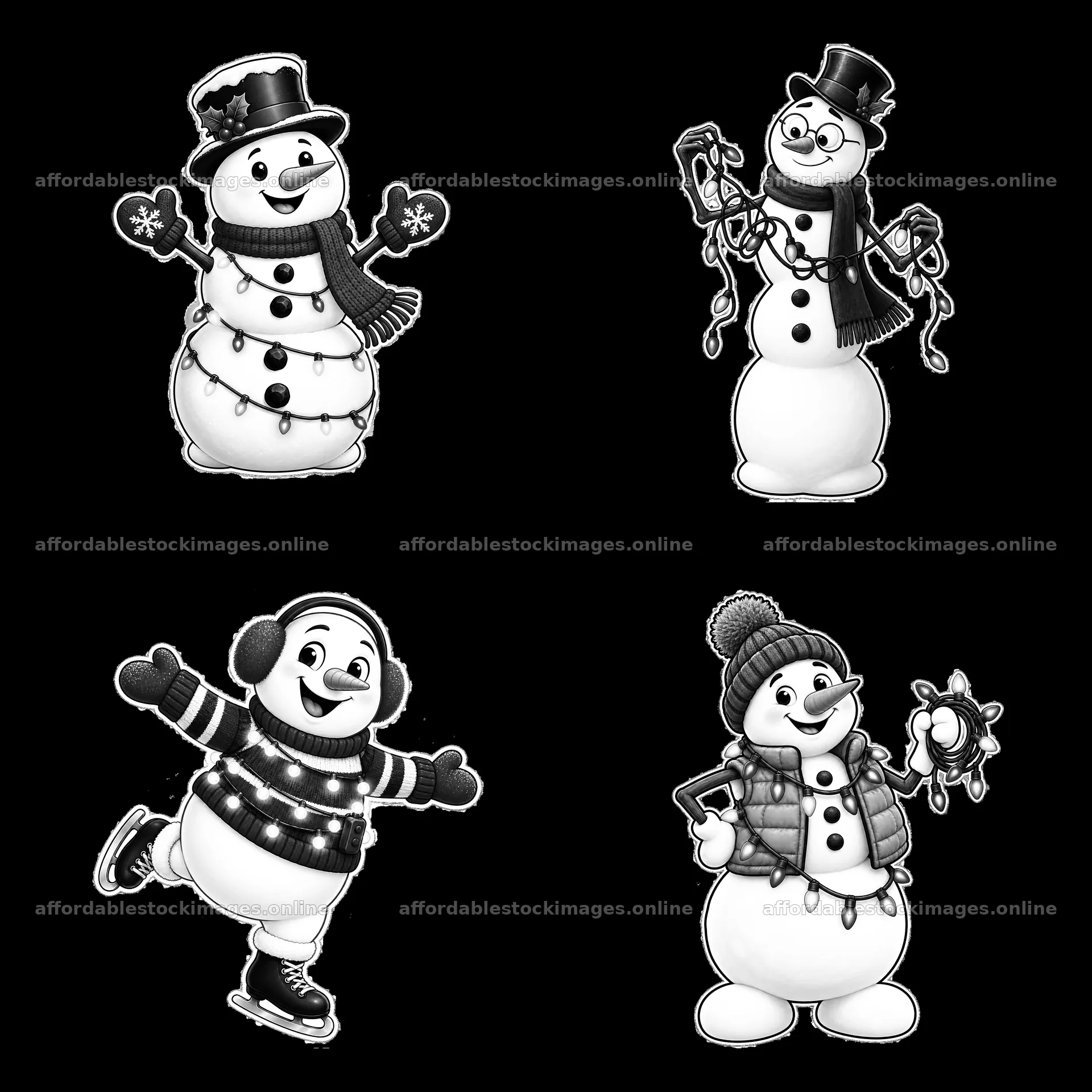 Snowman characters decorating with string lights in black and – stock images 7746x7746
