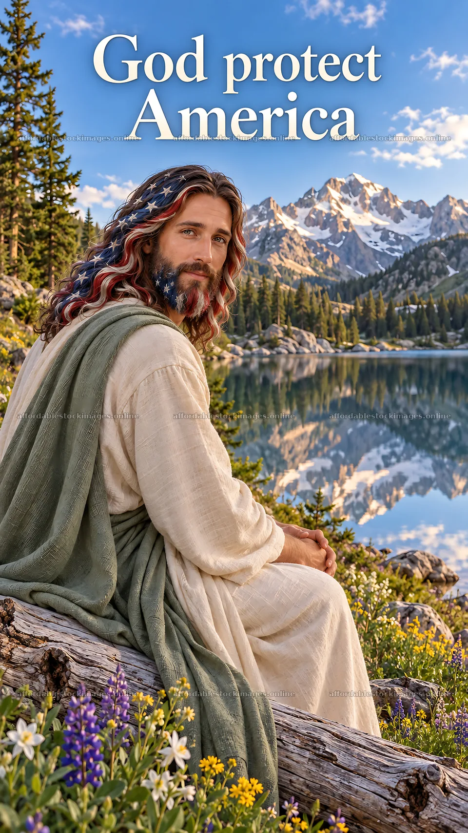 Jesus Christ sitting by a lake in a natural setting – stock images 5811x10326