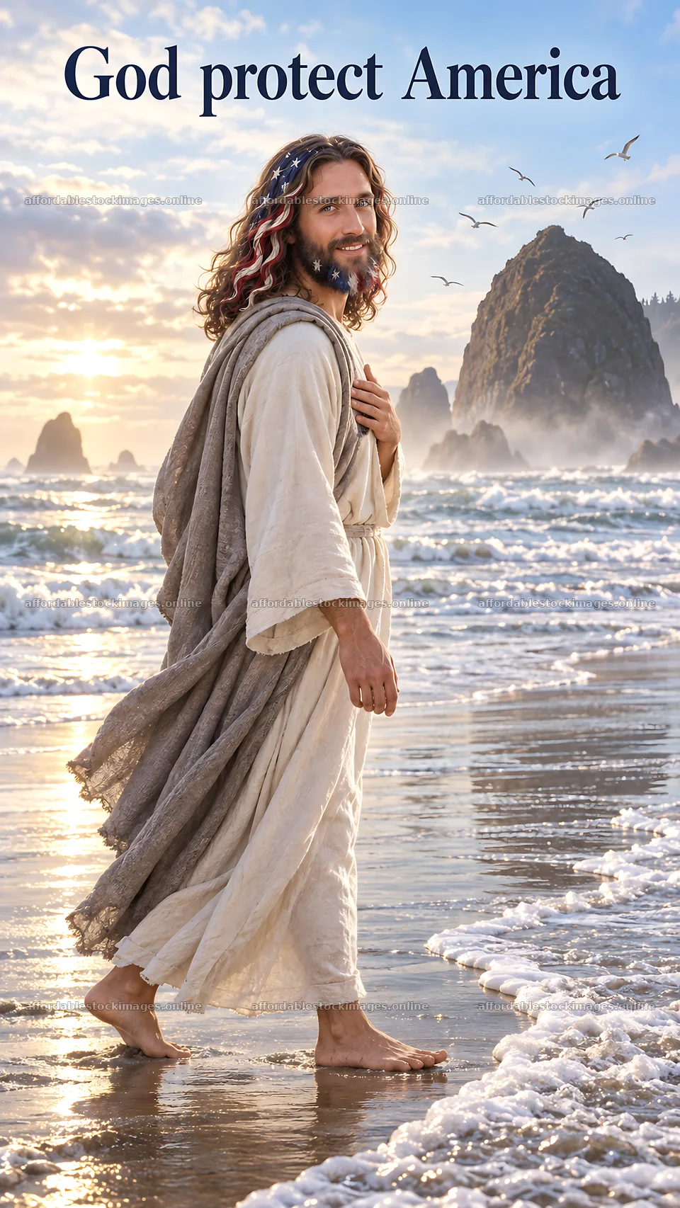 Jesus Christ walking by the sea at sunset – stock images 5811x10326
