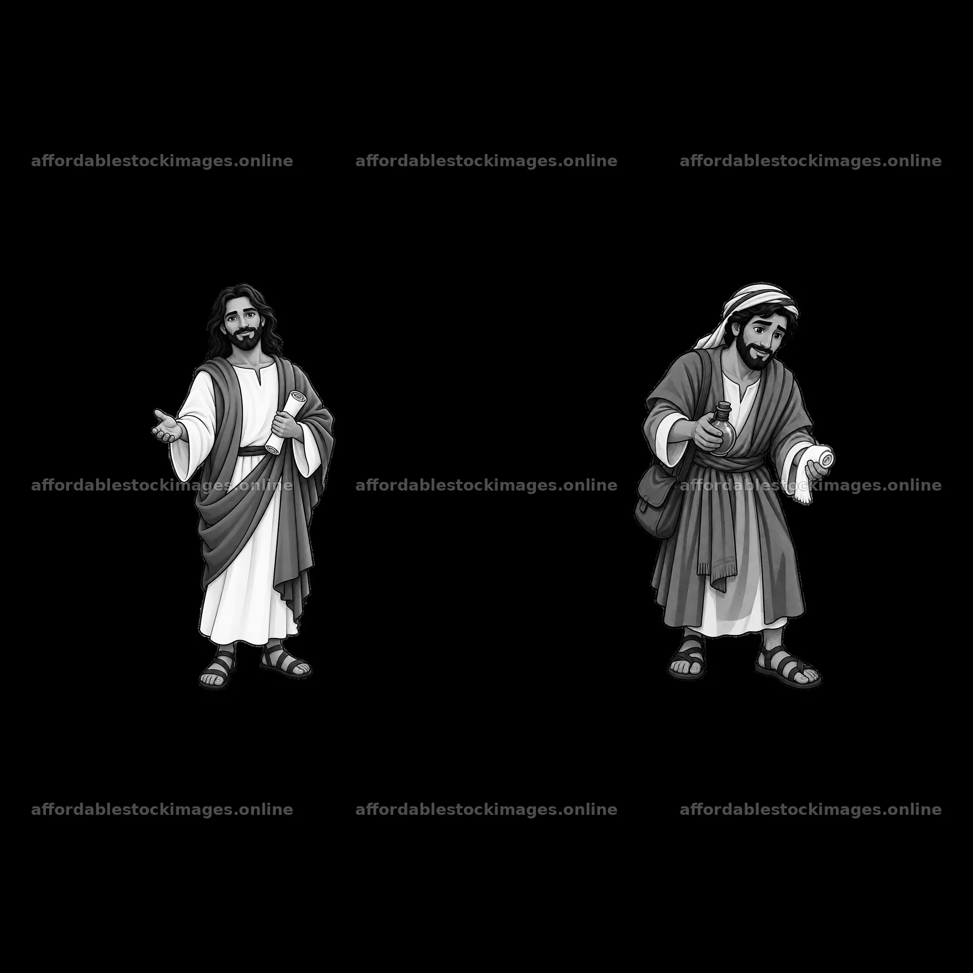 Two cartoon figures of Jesus speaking and teaching – stock images 7746x7746