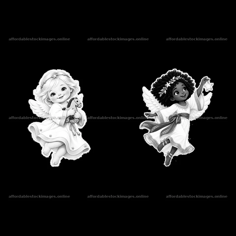 Christ Child and angel characters with gifts in joyful poses – stock images 7746x7746